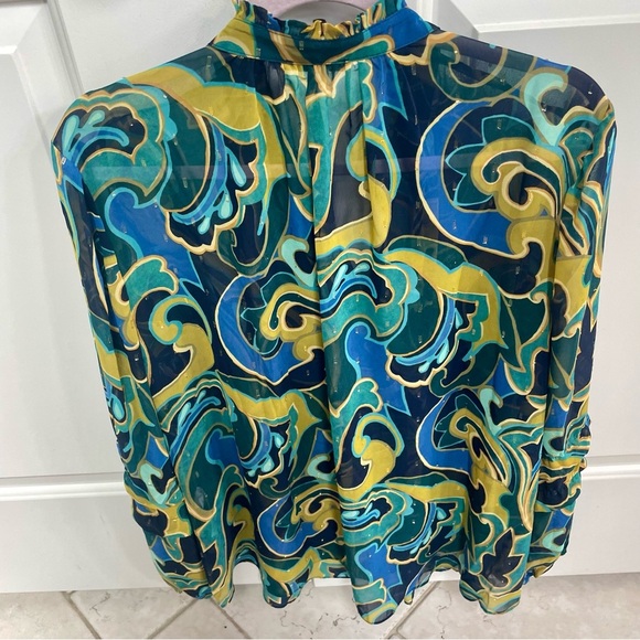 Chico’s Blue Gold Green Chiffon Metallic Swirl Ruffle Sleeve Button Up Blouse - Picture 9 of 14